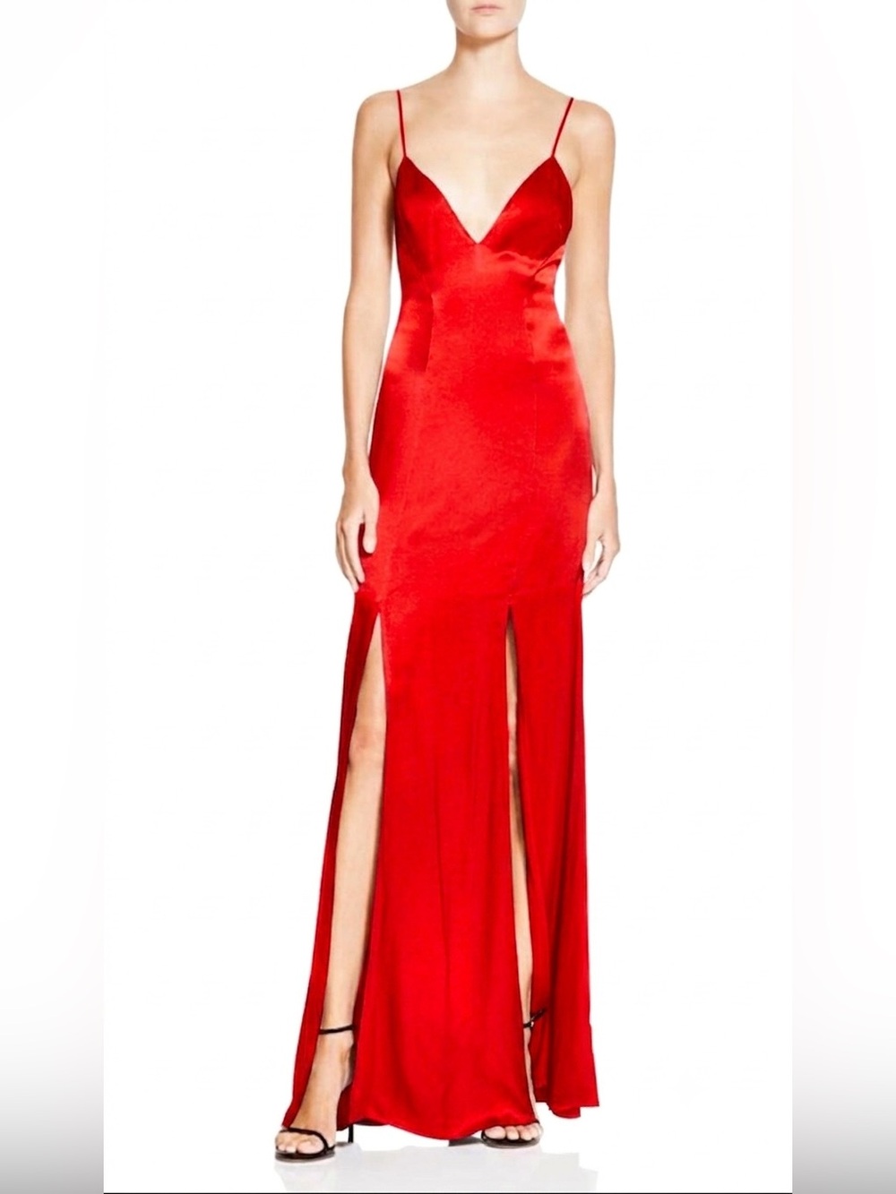 NWT ABS by Allen Schwartz Red Satin Backless Formal Maxi Slip Dress Slits Size 6